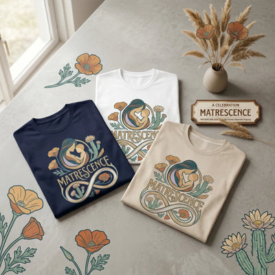 Modern American mom wearing Matrescence T-shirt in a sunny Japandi living room interior.