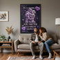 Spacious modern US living room featuring a large 24x36 inch Clearest Glitch cyberpunk poster as a focal statement piece