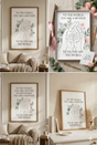 A professional grid product gallery display image presenting a clean, horizontal 1x3 grid. The leftmost panel displays a large framed matted print with the quote text hanging above a cozy living room sofa. The central panel shows a detailed deluxe gift box flat lay with a silk ribbon tie and real flowers. The rightmost panel features a curated matted print on a vanity. All three panels prominently showcase the same 'To the World, You Are a Mother' quote and family hands art, as detailed in image_11.png.