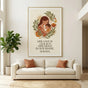 24x36 oversized minimalist poster as a focal point above a cream sofa in a bright living room