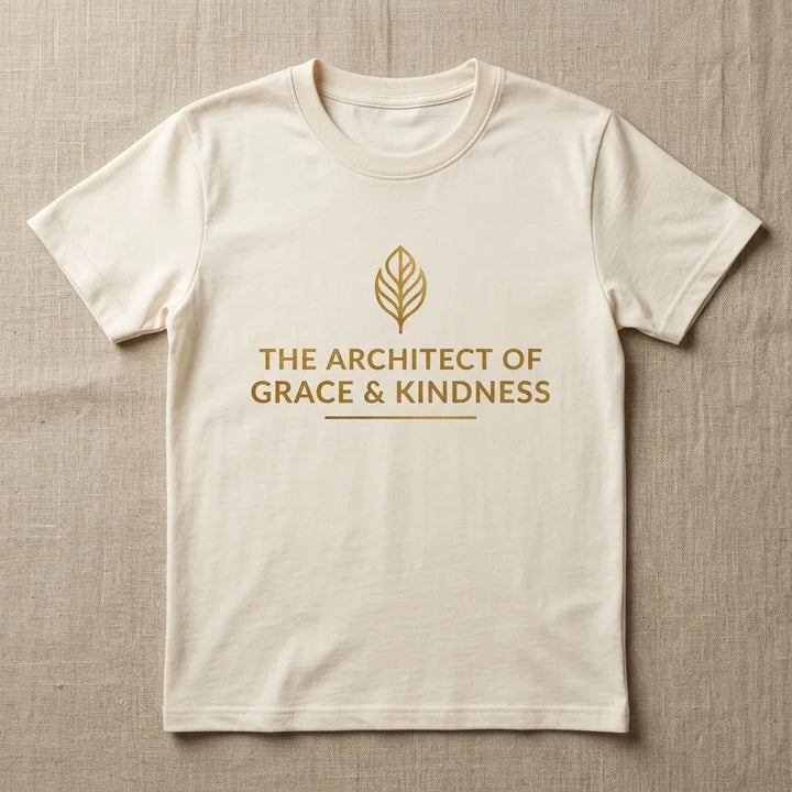 Flat-lay close-up of durable 5.3 oz cotton t-shirt with gold screen print on linen