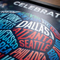 Close-up of fingerprint resistant lustre photo paper showing high resolution sharpness on host city names