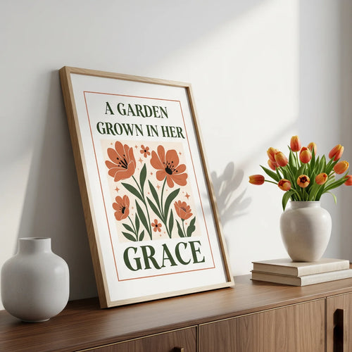 Retro postcard style Mother's Day poster featuring floral art and inspirational quote in a modern US living room setting