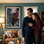 A happy American couple standing next to a medium-sized Bound Beyond the Eclipse poster in a modern apartment.