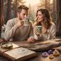 Happy couple enjoying morning coffee with matching Two Wild Hearts mugs in a cozy sunlit cabin.