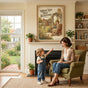 Cozy American living room featuring vintage floral poster in a family setting