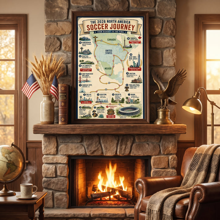 2026 North America Soccer Journey Poster - Premium Satin Host City Map Wall Art (Printed in USA)