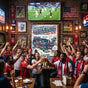 Authentic soccer pub atmosphere featuring host cities commemorative wall art on brick wall