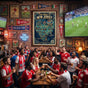 Authentic American soccer pub atmosphere with football roadmap poster decoration and fans cheering