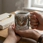 Rustic wood table setting with a sustainable everyday coffee cup and book