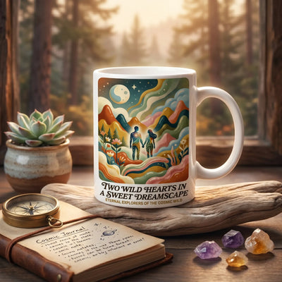 Two Wild Hearts cosmic dreamscape aesthetic coffee mug on a rustic wooden table with adventure journals.